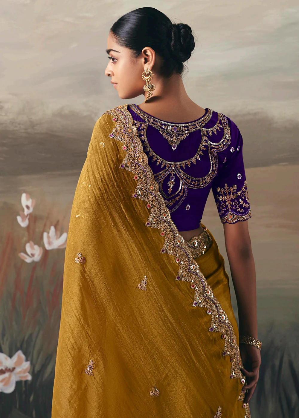 Mustard Premium Tissue Zari Fabric Designer Saree - Image 3