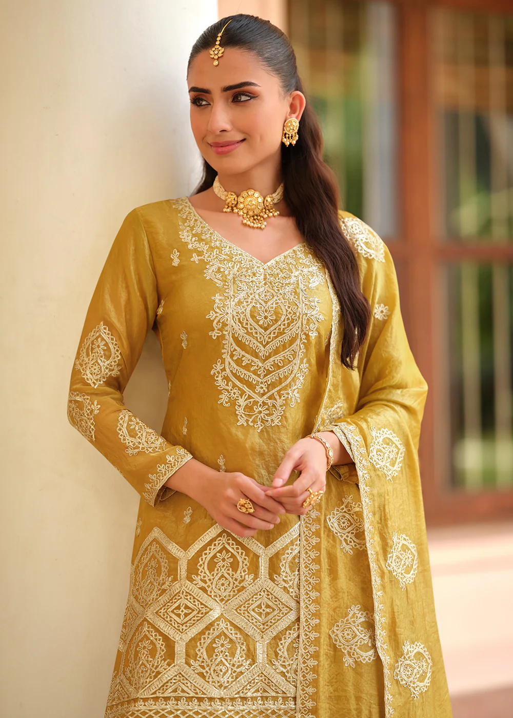 Mustard Premium Tora Silk Embroidered Palazzo Suit - Image 2