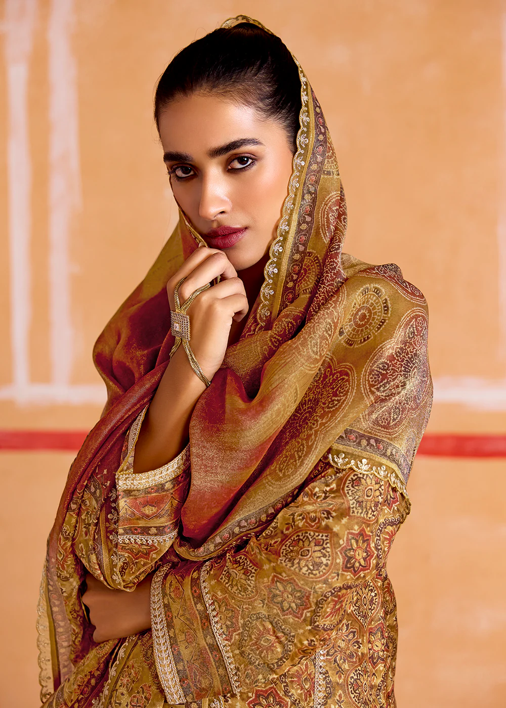 Mustard Pure Muslin Embroidered Pakistani Style Suit - Image 2