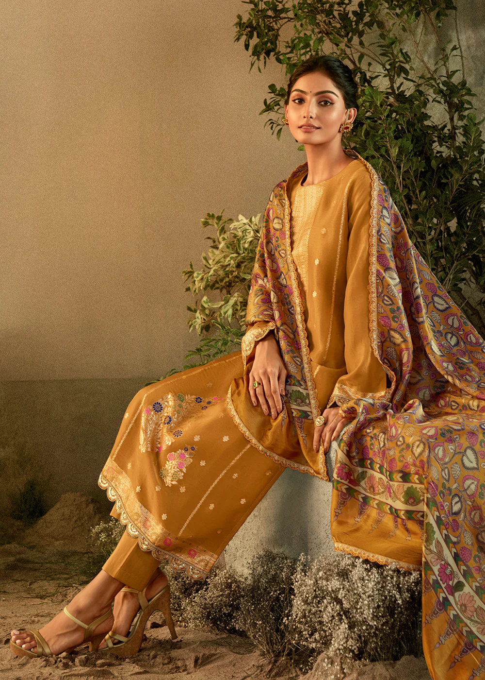 Mustard Pure Zari Banarasi Tissue Festive Wear Salwar Suit - Image 3