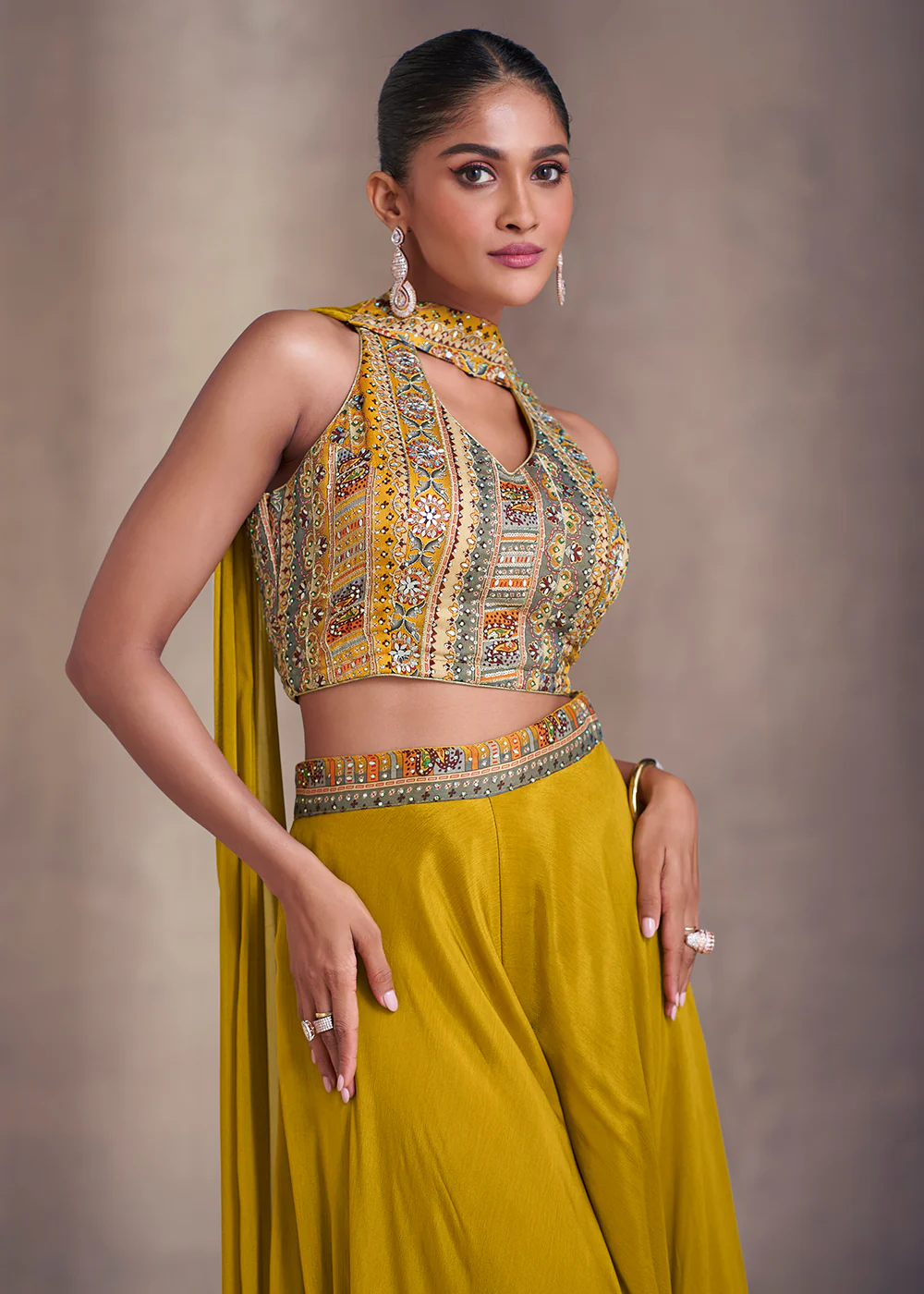 Mustard Real Chinnon Indo Western Palazzo Suit - Image 2