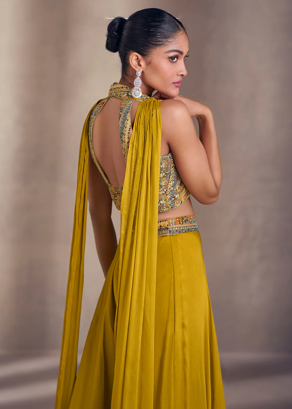 Mustard Real Chinnon Indo Western Palazzo Suit - Image 3