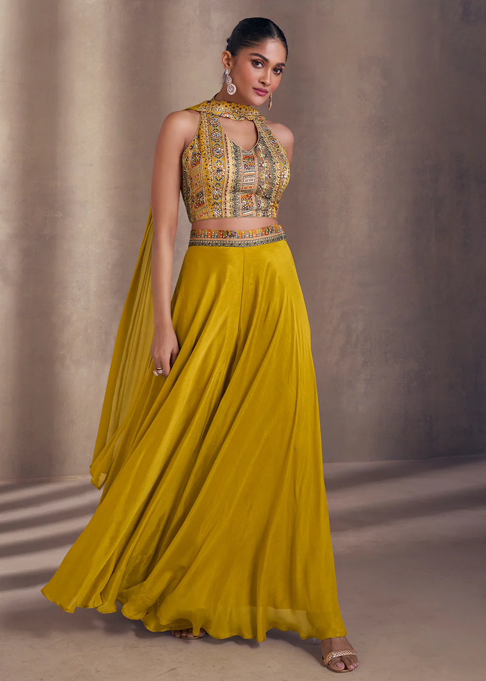 Mustard Real Chinnon Indo Western Palazzo Suit - Image 4