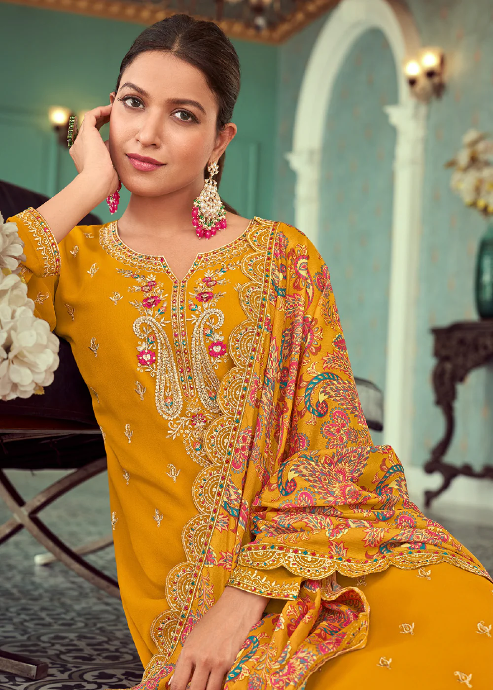 Mustard Real Georgette Embroidered Pant Style Sakwar Suit - Image 2