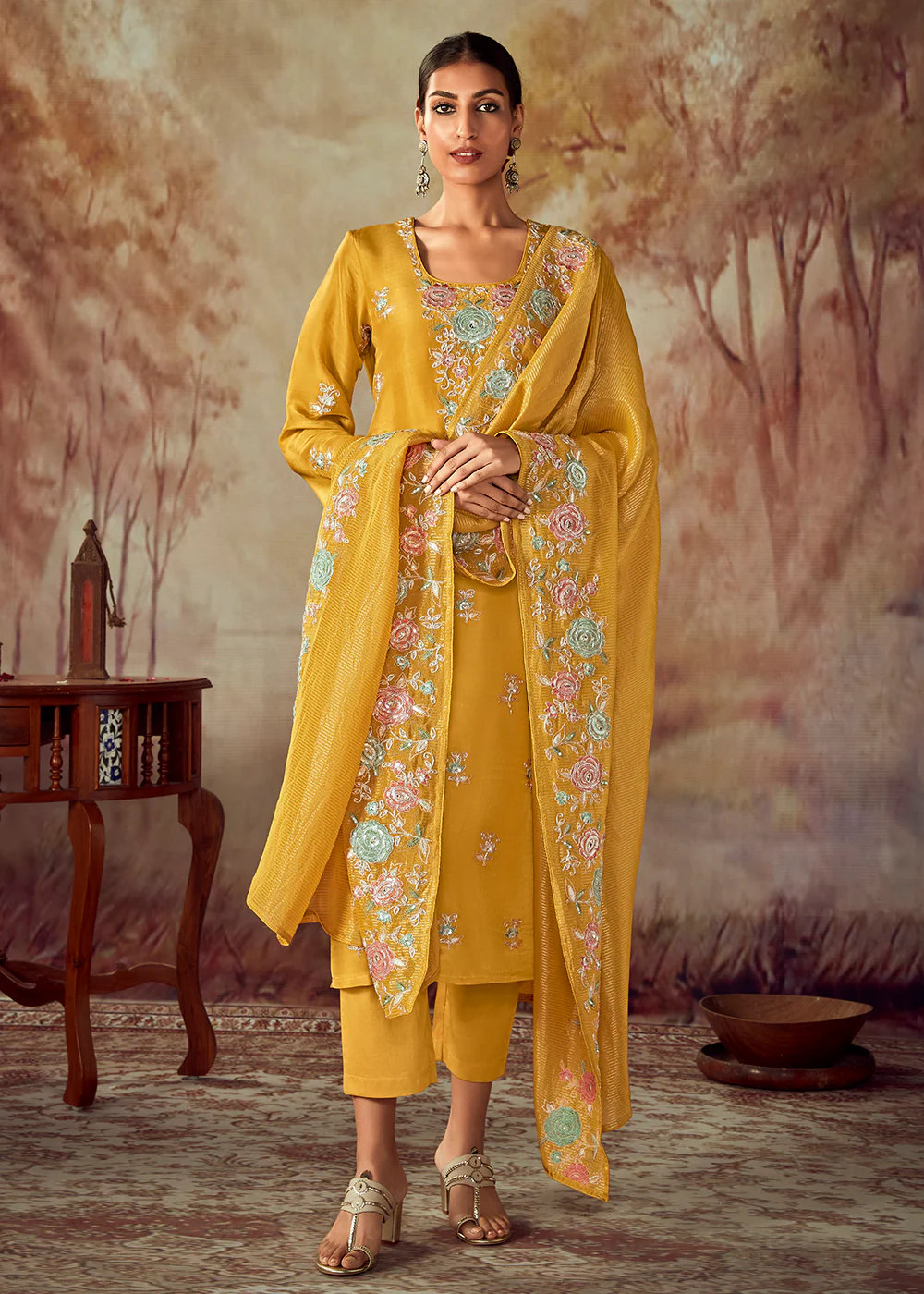 Mustard Russian Silk Embroidered Pant Style Salwar Kurta