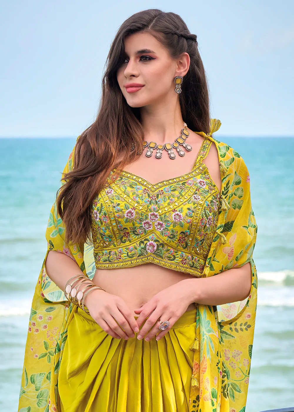 Mustard Satin Silk Embroidered Dhoti Style Crop Top Suit - Image 2