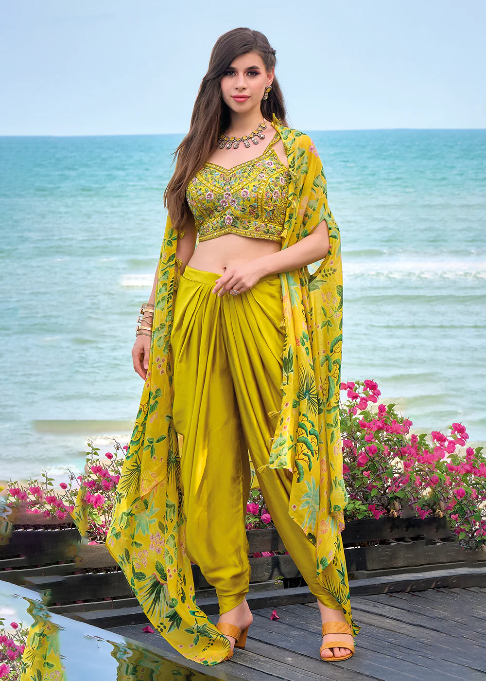 Mustard Satin Silk Embroidered Dhoti Style Crop Top Suit - Image 3