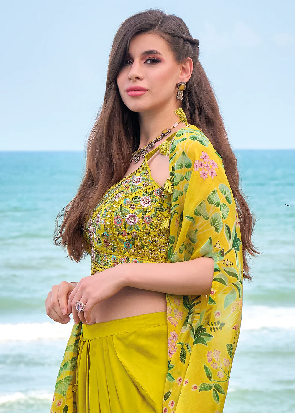 Mustard Satin Silk Embroidered Dhoti Style Crop Top Suit - Image 5