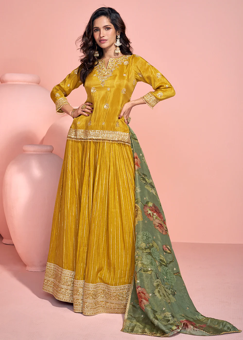 Mustard Shimmer Organza Silk Festive Lehenga Style Suit