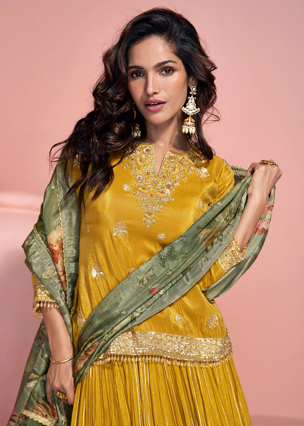 Mustard Shimmer Organza Silk Festive Lehenga Style Suit - Image 2