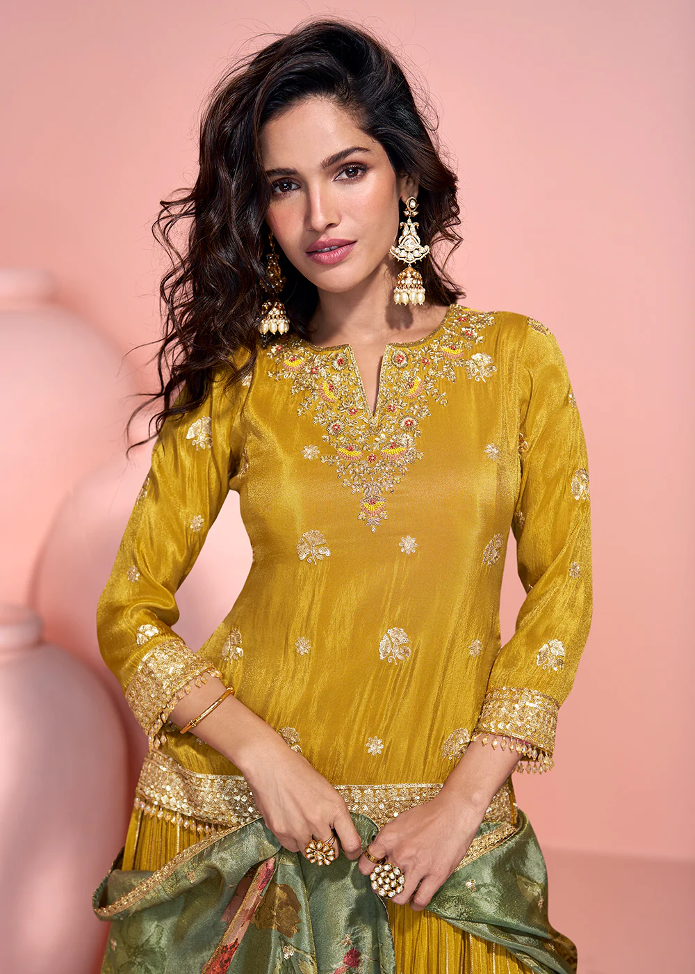 Mustard Shimmer Organza Silk Festive Lehenga Style Suit - Image 4