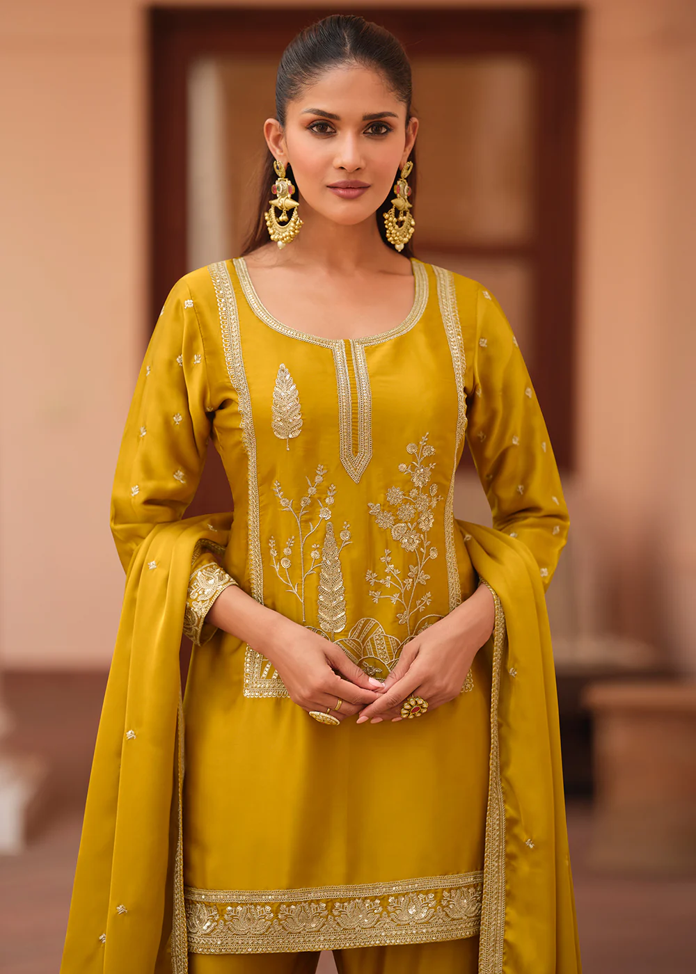 Mustard Silk Satin Embroidered Gharara Style Suit - Image 2