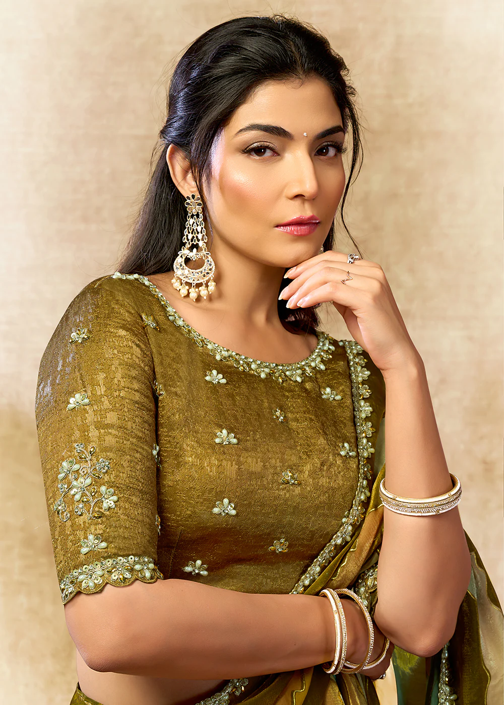 Mustard Two Tone Satin Silk Printed & Embroidered Festive Saree - Image 2