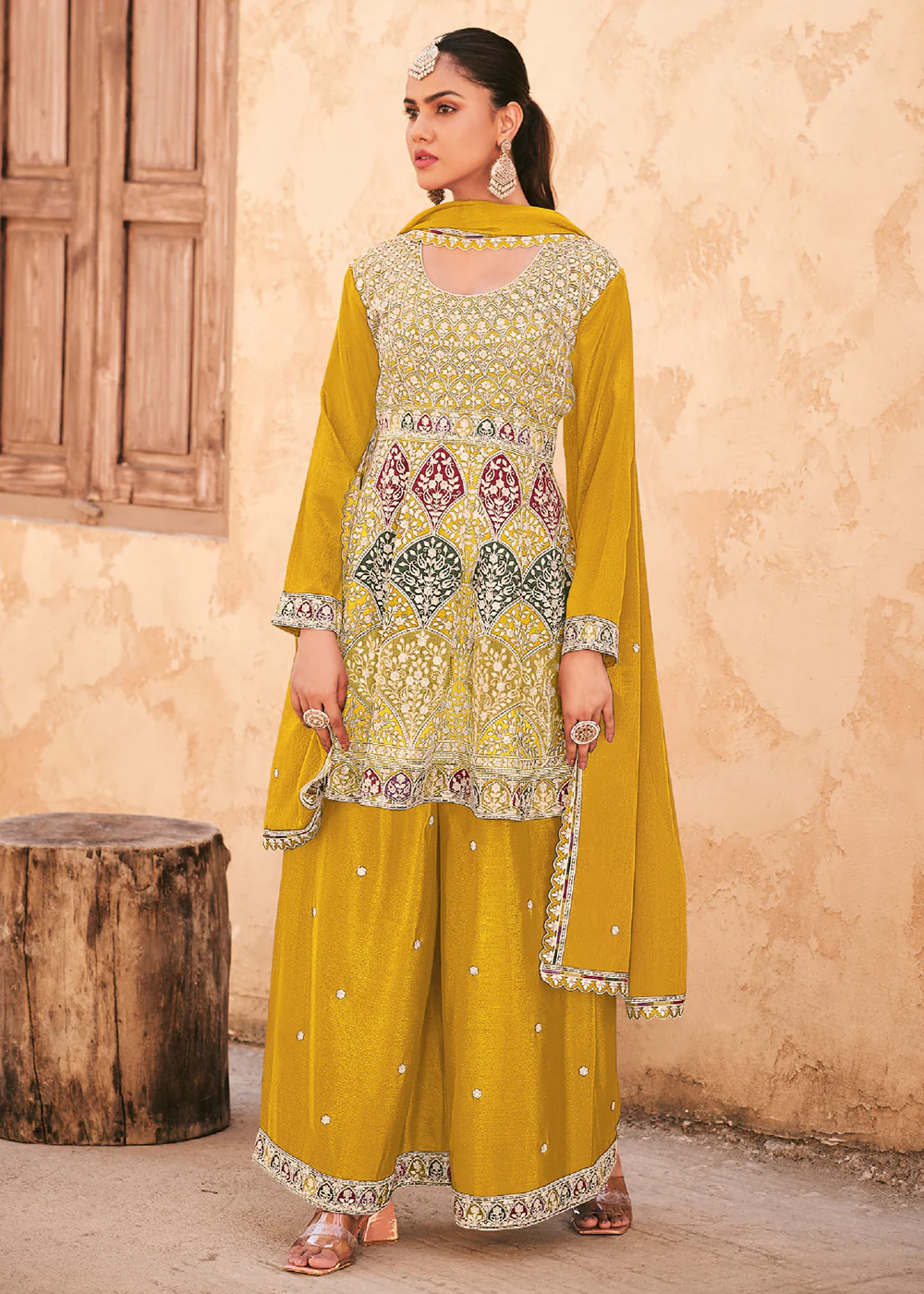 Mustard Wedding Wear Embroidered Palazzo Style Suit