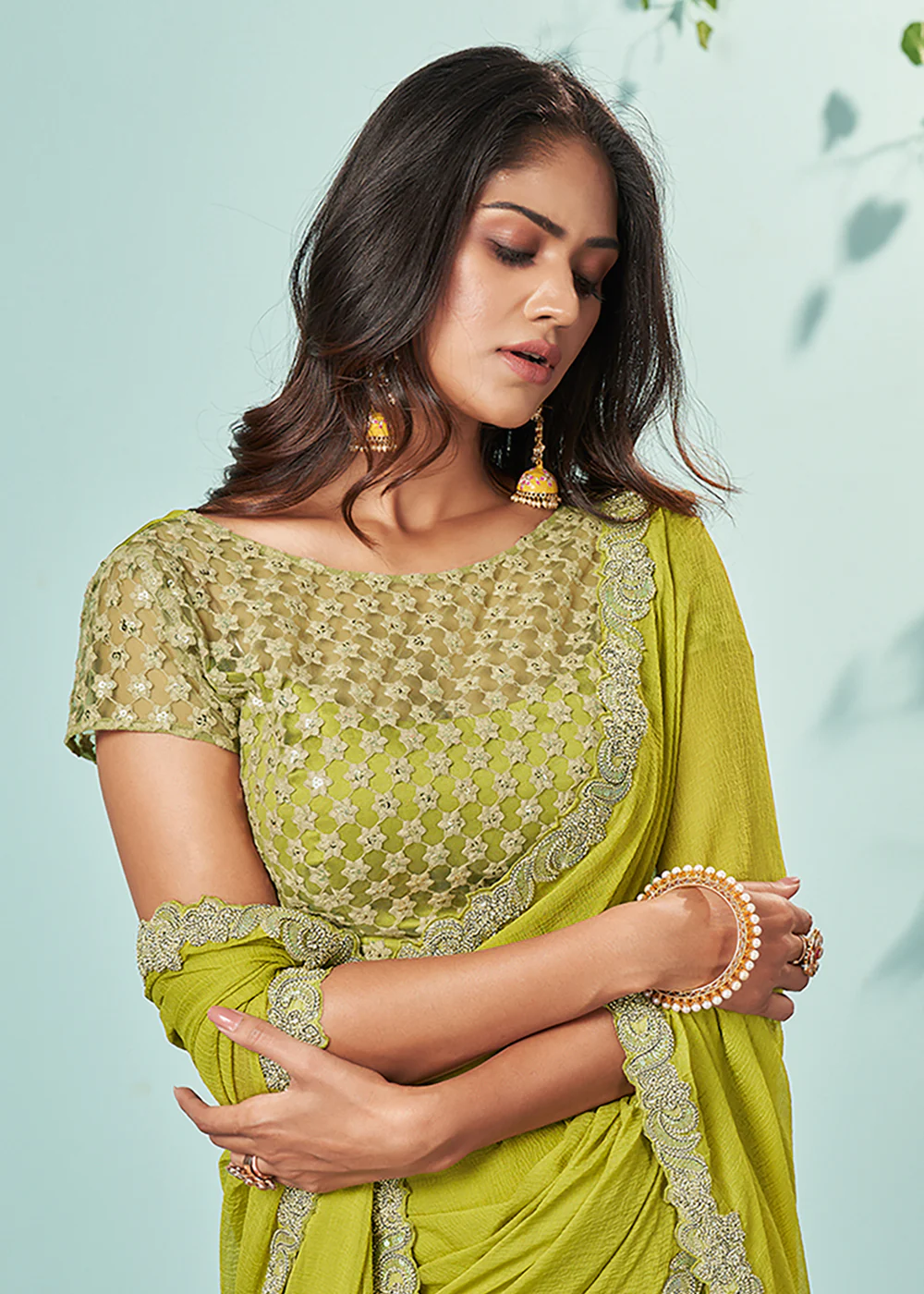 Mustard Yellow Barberie Chiffon Embroidered Designer Saree - Image 2