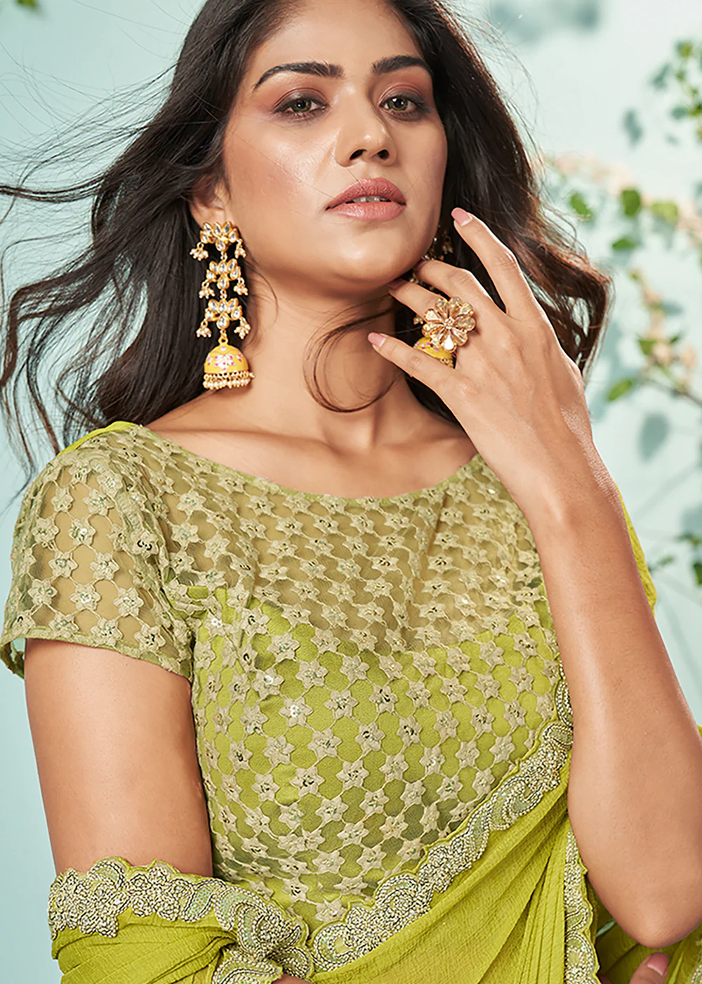 Mustard Yellow Barberie Chiffon Embroidered Designer Saree - Image 3