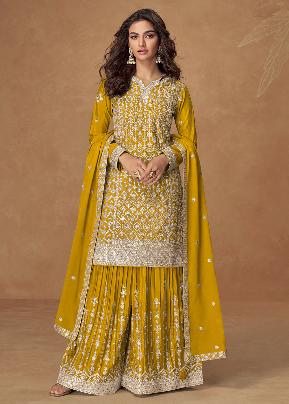 Mustard Yellow Chinnon Silk Embroidered Palazzo Suit