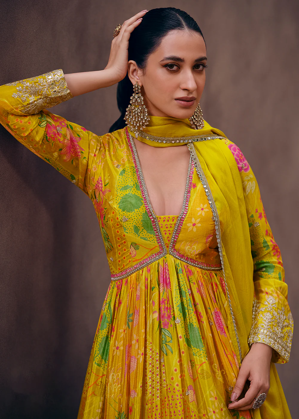 Mustard Yellow Digital Printed Designer Anarkali Gown - Image 2