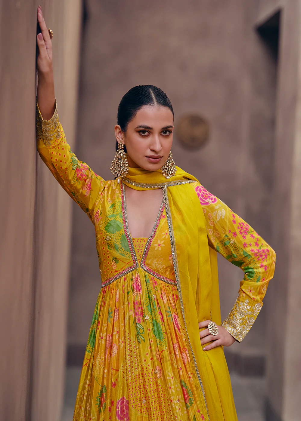 Mustard Yellow Digital Printed Designer Anarkali Gown - Image 4