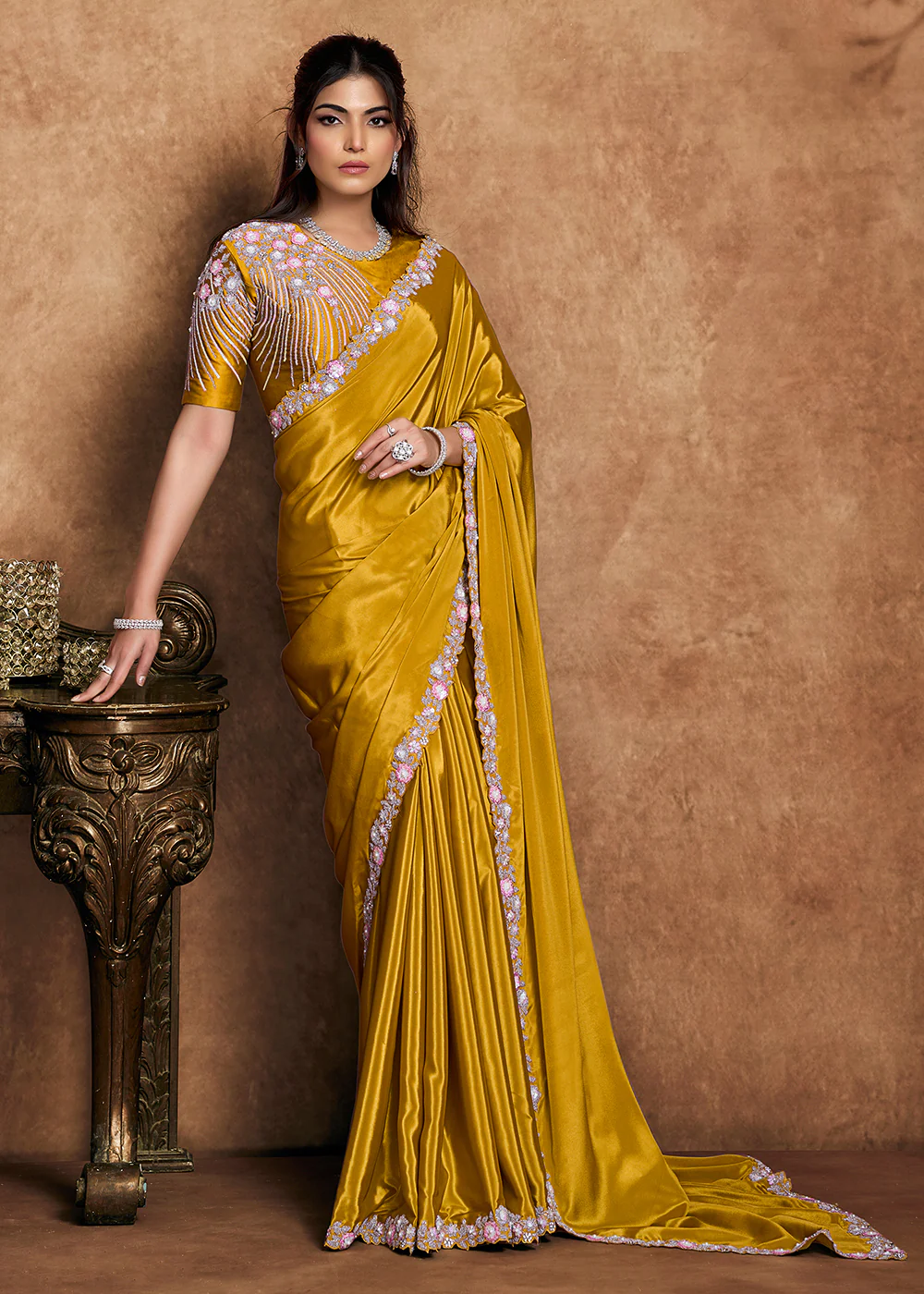 Mustard Yellow Embroidered Wedding Festive Wear Saree