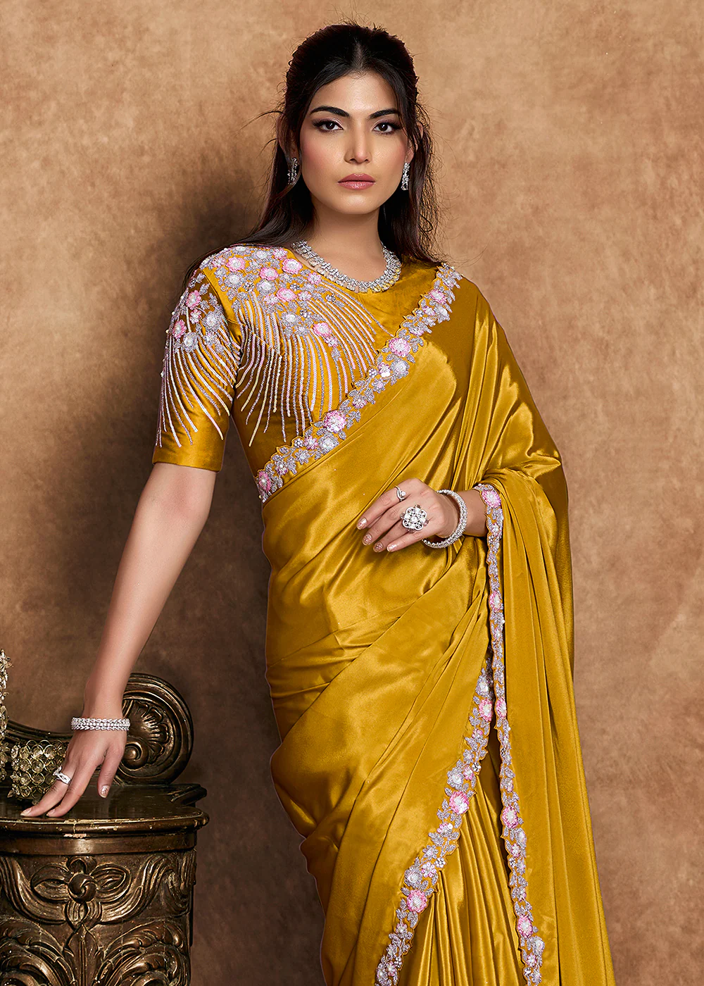 Mustard Yellow Embroidered Wedding Festive Wear Saree - Image 2