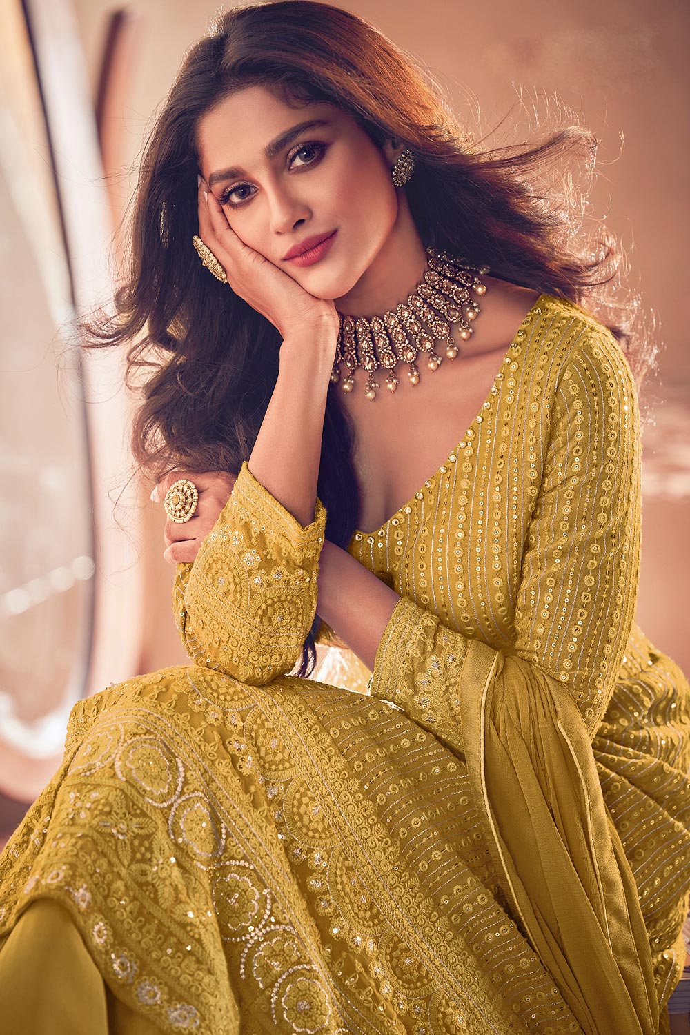 Mustard Yellow Floor Length Sequins Work Anarkali Suit - Image 2