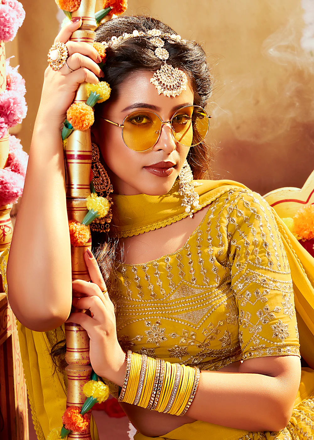 Mustard Yellow Glittering Sequins Georgette Wedding Lehenga Choli - Image 2