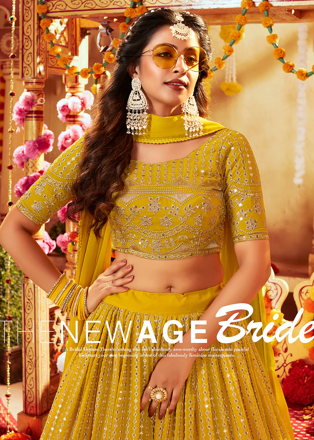 Mustard Yellow Glittering Sequins Georgette Wedding Lehenga Choli - Image 3