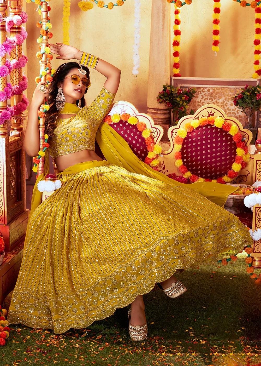 Mustard Yellow Glittering Sequins Georgette Wedding Lehenga Choli - Image 4