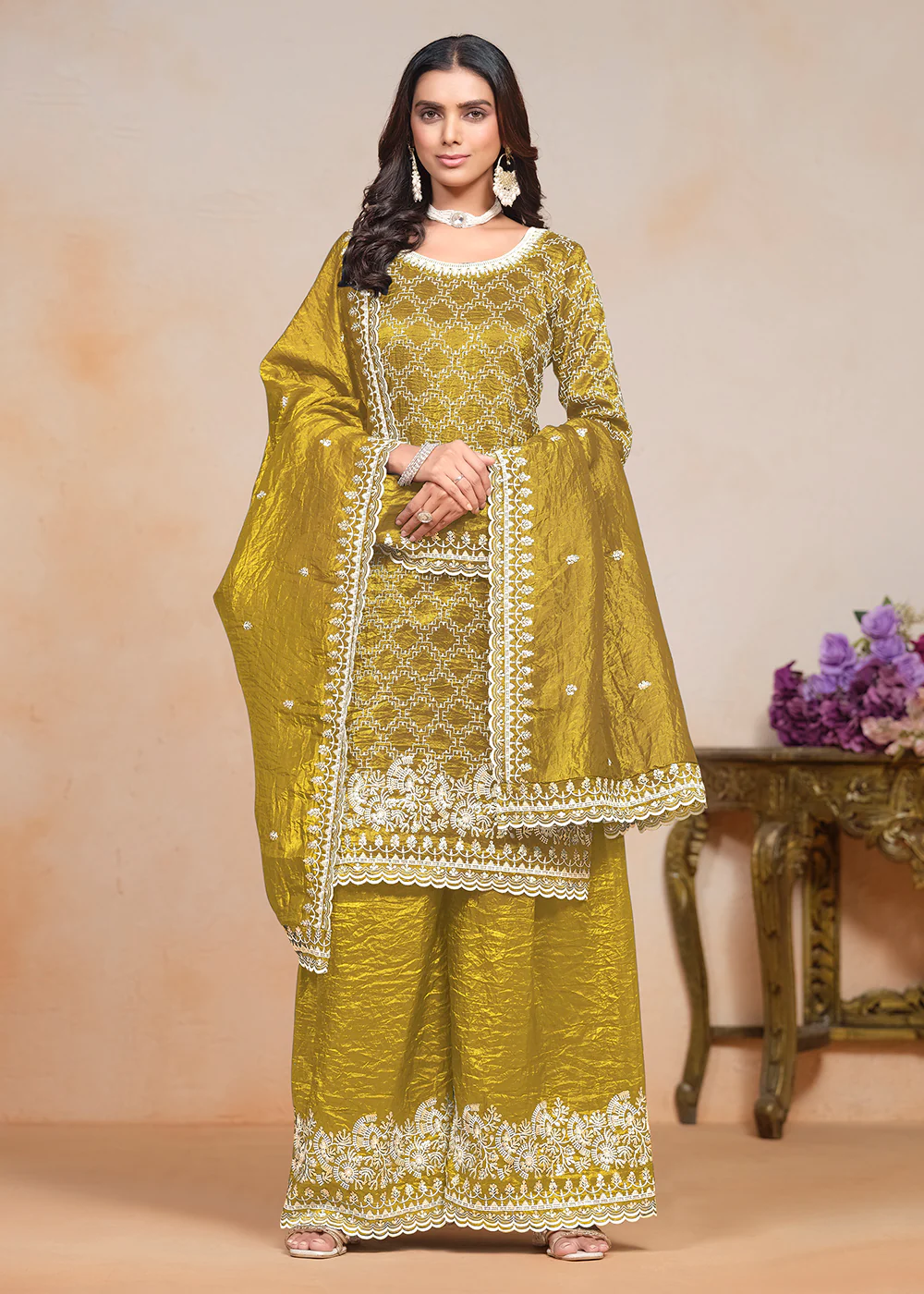 Mustard Yellow Gold Crushed Embroidered Palazzo Suit