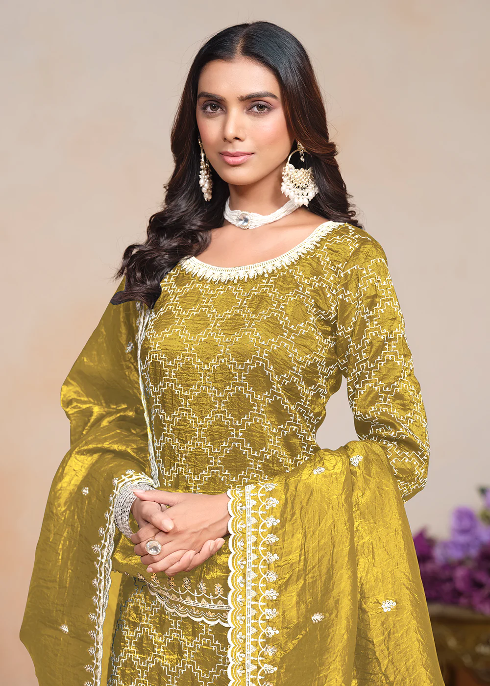 Mustard Yellow Gold Crushed Embroidered Palazzo Suit - Image 2