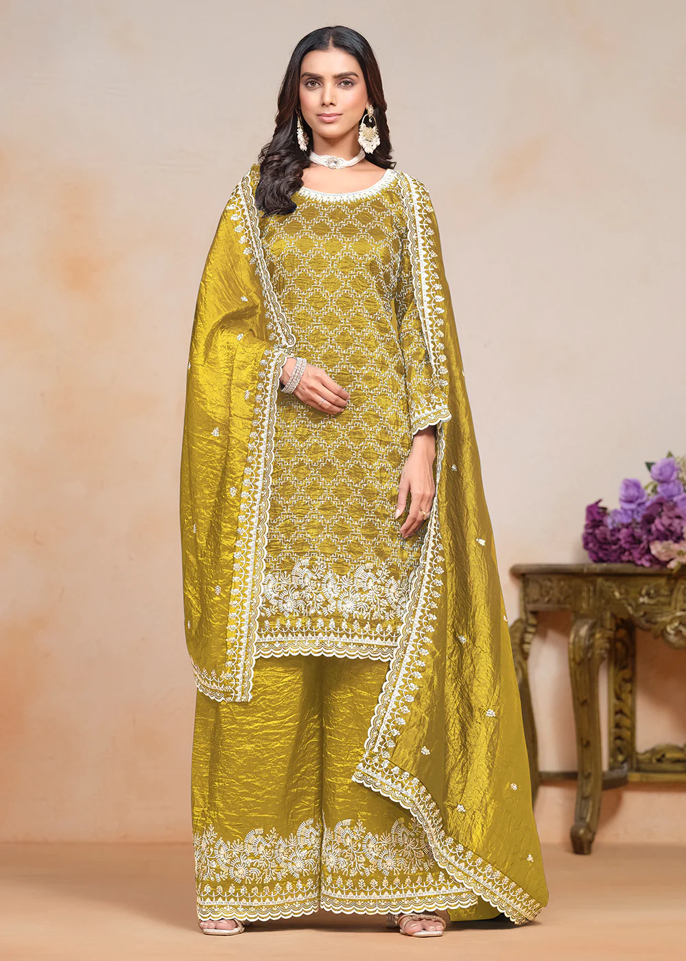 Mustard Yellow Gold Crushed Embroidered Palazzo Suit - Image 3
