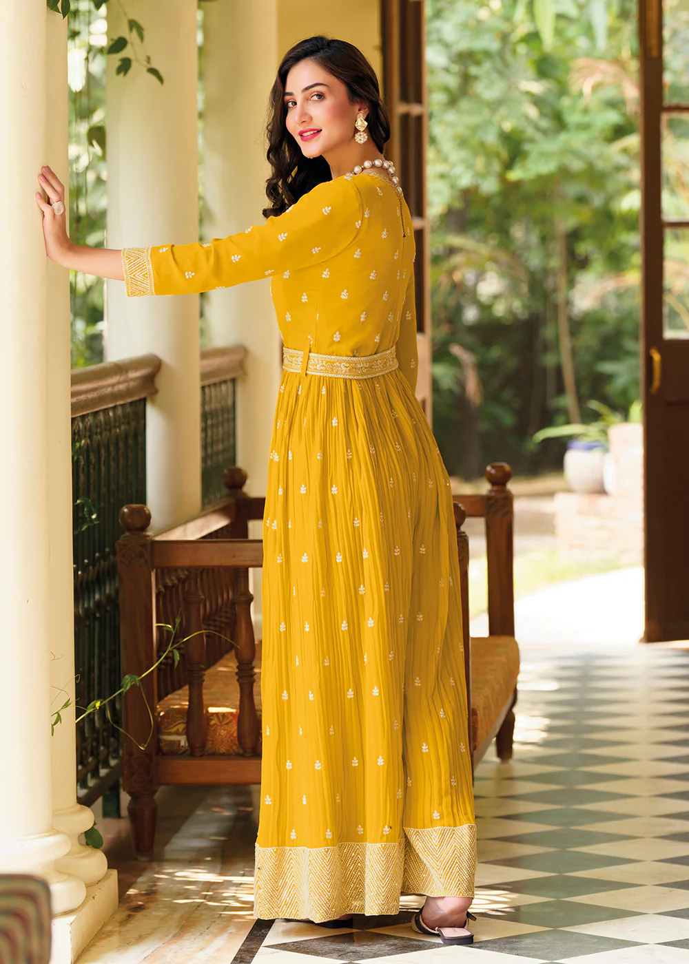 Mustard Yellow Indo-Western Embroidered Georgette Jumpsuit - Image 3