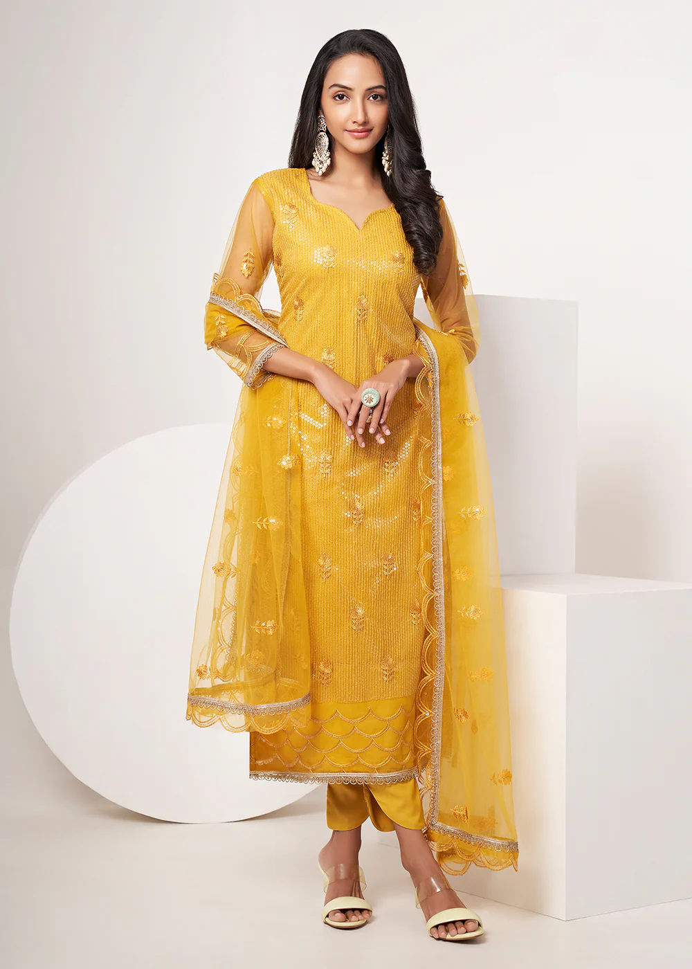 Mustard Yellow Net Embroidered Festive Salwar Suit