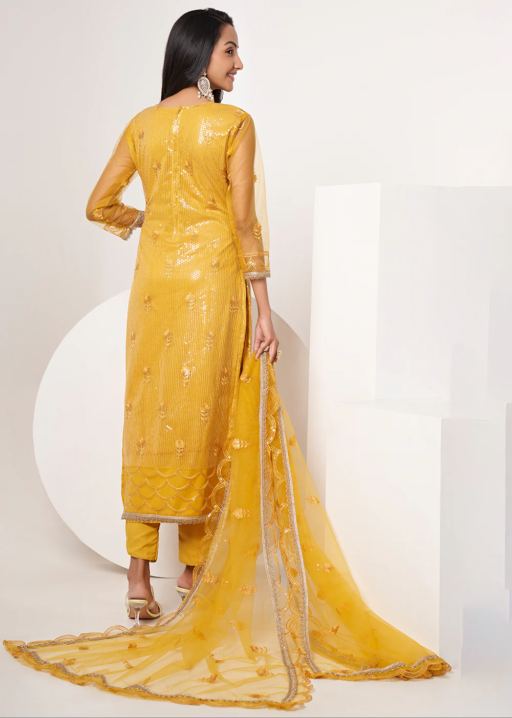 Mustard Yellow Net Embroidered Festive Salwar Suit - Image 3