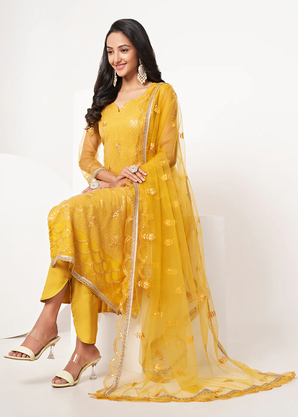 Mustard Yellow Net Embroidered Festive Salwar Suit - Image 4