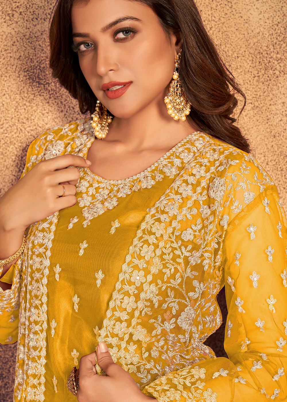 Mustard Yellow Satin Net Suit with Heavy Jacket - Image 2