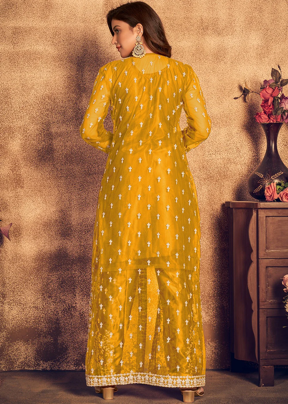 Mustard Yellow Satin Net Suit with Heavy Jacket - Image 3