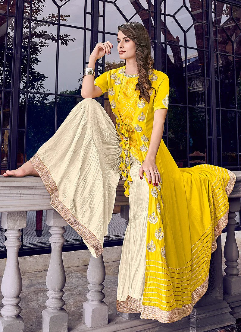 Mustard Yellow Embroidered Jacket Style Sharara Suit - Image 3