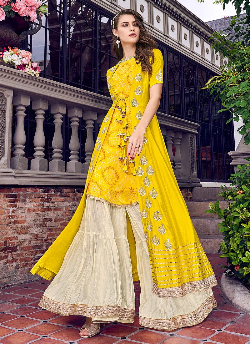 Mustard Yellow Embroidered Jacket Style Sharara Suit - Image 4