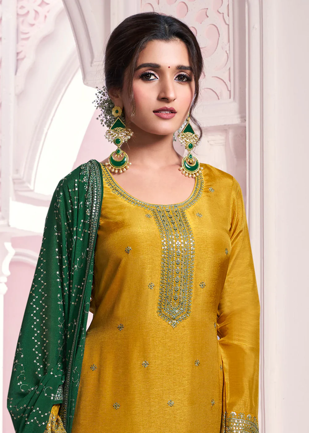 Mustard Yellow Thread Embroidered Silk Salwar Suit - Image 2