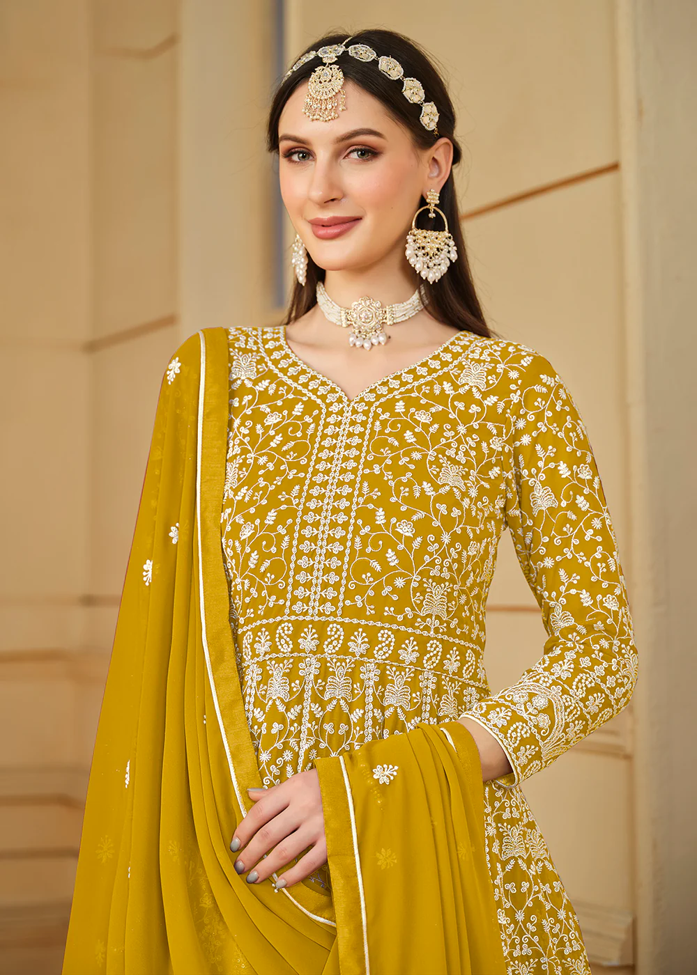 Mustard Yellow Thread & Sequins Georgette Anarkali Suit - Image 2