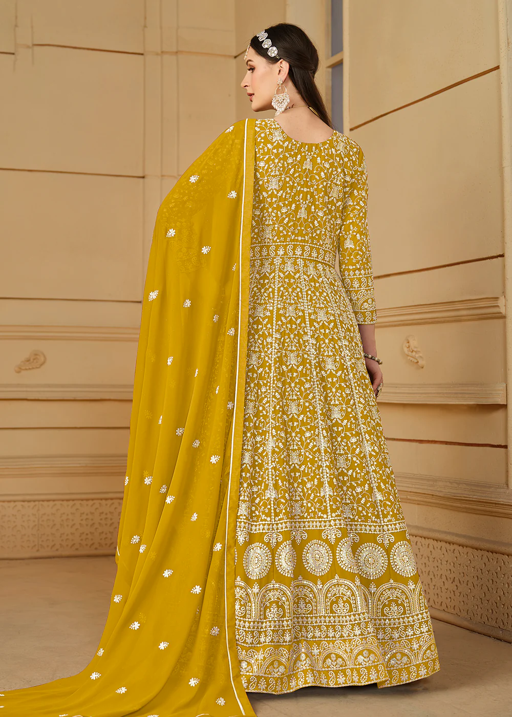 Mustard Yellow Thread & Sequins Georgette Anarkali Suit - Image 3
