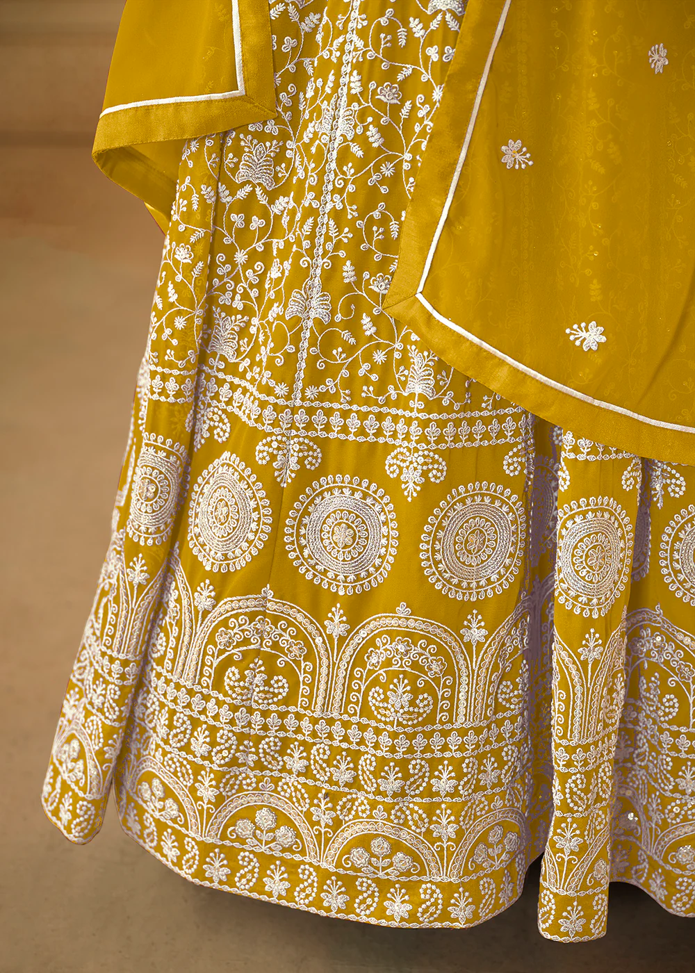 Mustard Yellow Thread & Sequins Georgette Anarkali Suit - Image 4