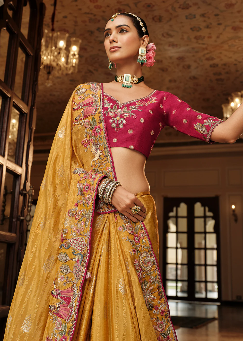 Mustard Yellow Traditional Embroidered Designer Saree - Image 2