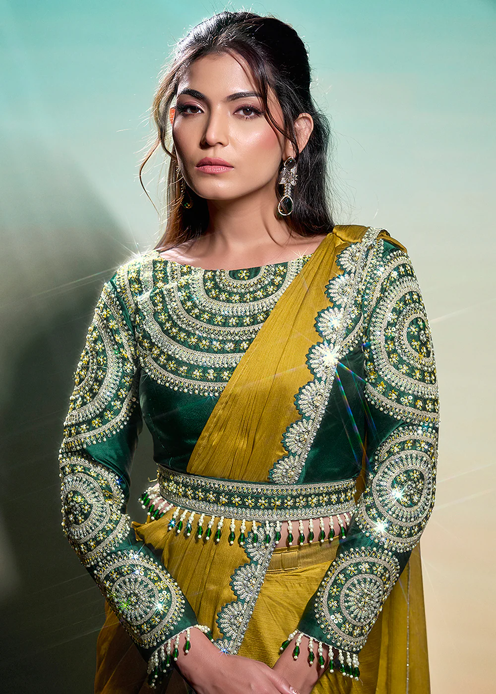 Mustard Yellow Wedding Party Ready to Wear Saree - Image 3
