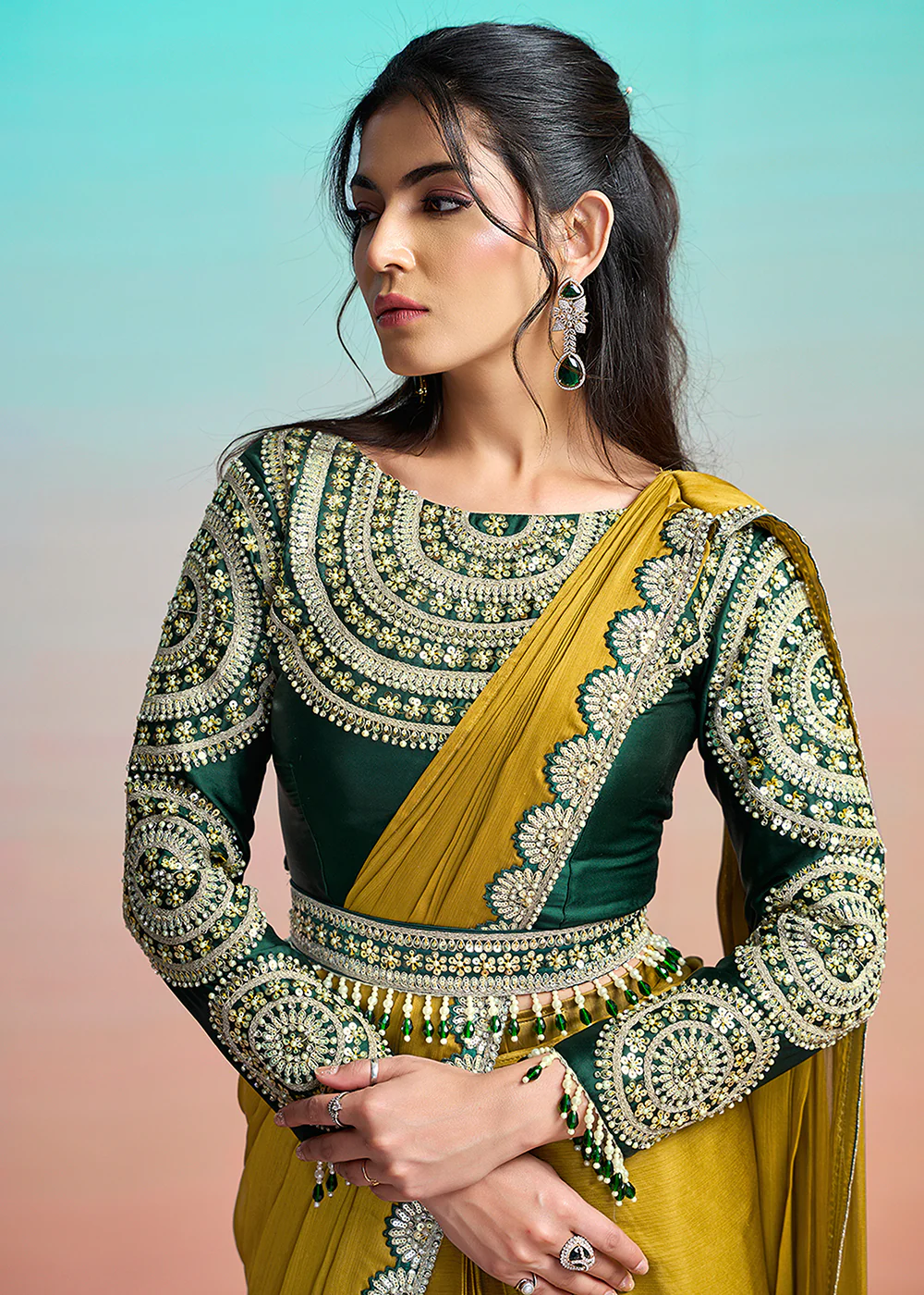 Mustard Yellow Wedding Party Ready to Wear Saree - Image 4