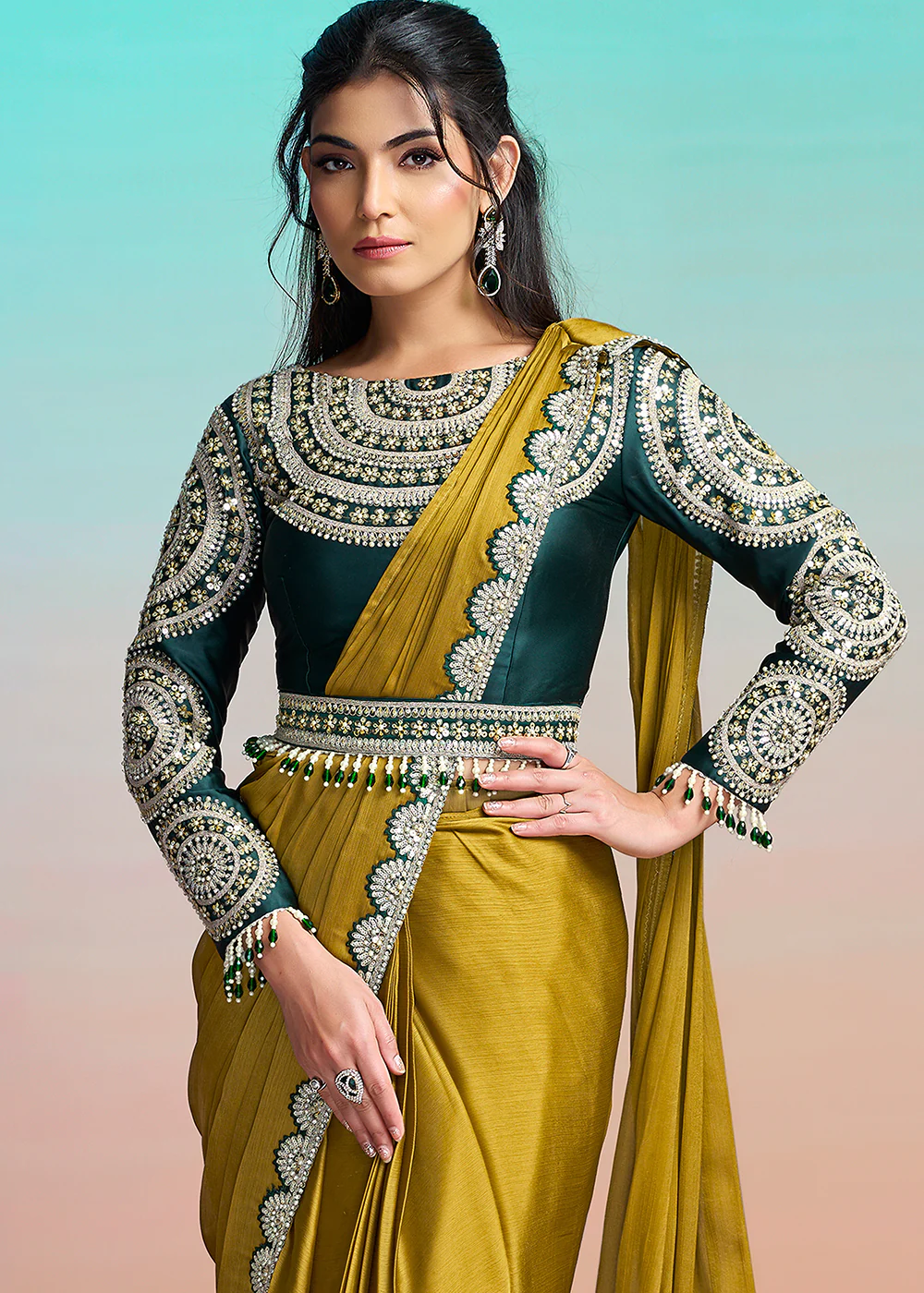 Mustard Yellow Wedding Party Ready to Wear Saree - Image 5