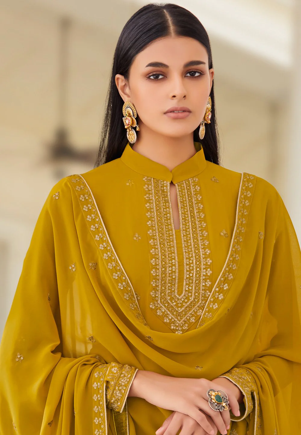 Mustard Yellow Zari Embroidered Flared Palazzo Suit - Image 2