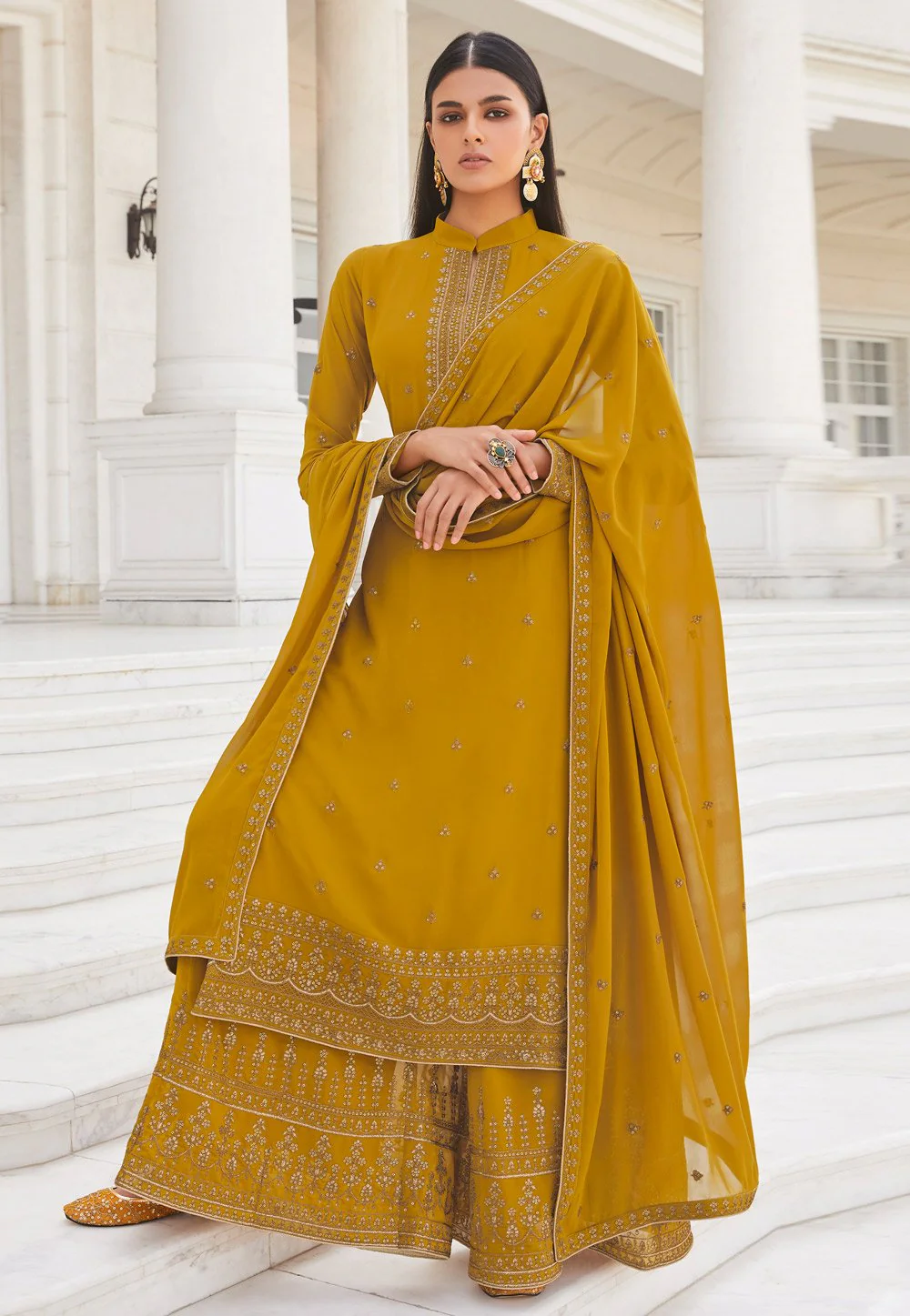Mustard Yellow Zari Embroidered Flared Palazzo Suit - Image 3